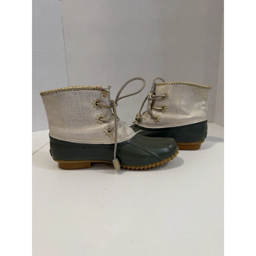 Jack Rogers Women's Duck Rain Boots Size 10 Green Rubber Cream Lace Up